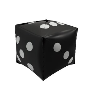 May include: A large, black inflatable die with white circular pips. The die is cube-shaped and features the standard six sides, each with a different arrangement of white dots. The inflatable design suggests a playful or decorative item.