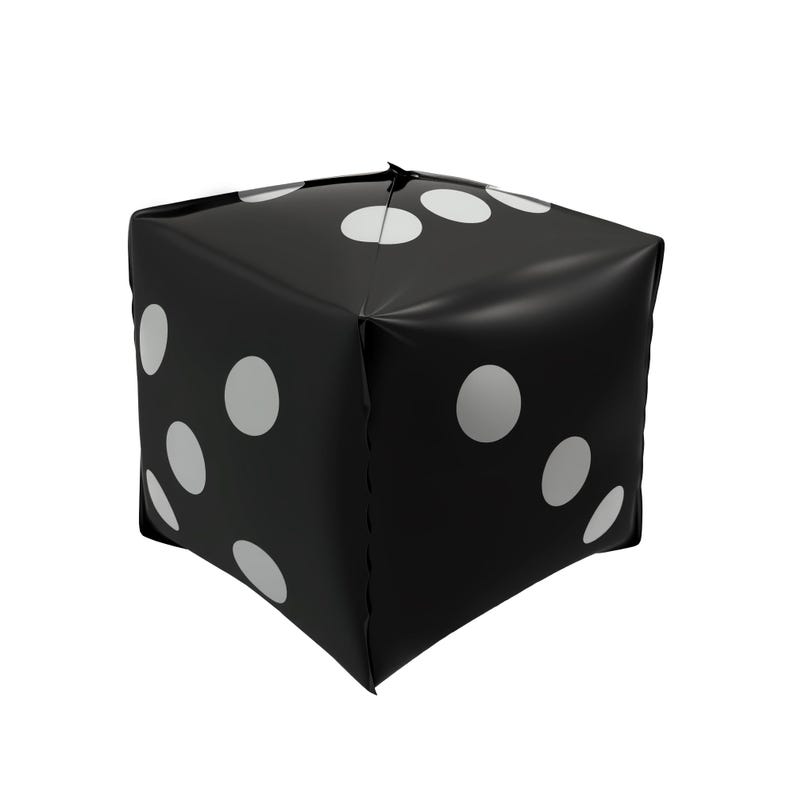 May include: A large, black inflatable die with white circular pips. The die is cube-shaped and features the standard six sides, each with a different arrangement of white dots. The inflatable design suggests a playful or decorative item.