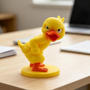 May include: A yellow duck figurine with an angry facial expression, featuring a bright orange beak and feet. The duck is standing on a circular yellow base, leaning forward with its wings tucked against its body in a dynamic, aggressive pose.