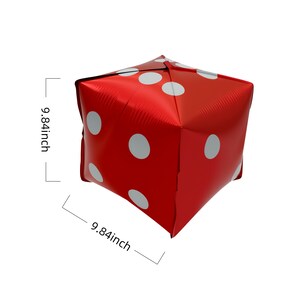 May include: A red inflatable die with white polka dots. Each side measures 9.84 inches. This party decoration is a fun addition to any game night or casino-themed event.