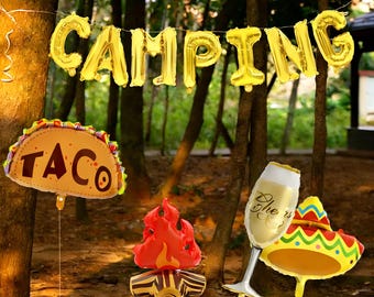 Ensemble de décoration de fête de camping carnaval, Ballons tacos, Mini chapeaux mexicains, Couronnes de camping, Thème forêt