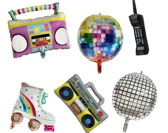 Ensemble de ballons de fête gonflables rétro des années 80, 90 : boombox, skate, discothèque, téléphone portable, radio, décoration d'anniversaire rétro