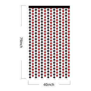 May include: Casino-themed beaded curtain, 79 inches tall and 40 inches wide. The curtain features alternating strands of red and black beads with playing card suits and dice shapes. The top is a solid black band.