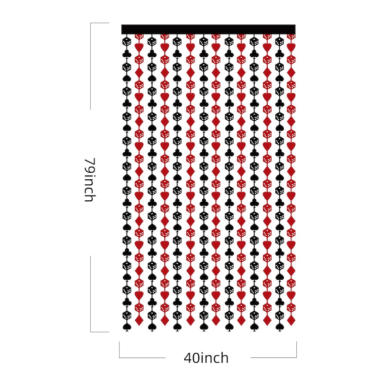 May include: Casino-themed beaded curtain, 79 inches tall and 40 inches wide. The curtain features alternating strands of red and black beads with playing card suits and dice shapes. The top is a solid black band.