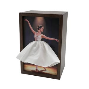 May include: A rectangular dark brown wooden frame containing a print of a ballerina in a white bodice. The ballerina's skirt is constructed from folded white paper napkins that extend outward from the frame, creating a three-dimensional effect.