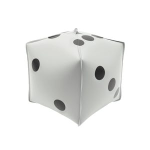 May include: A white inflatable die with black dots. The die has a gray trim and a loop at the top for hanging. The dots are arranged in the standard pattern for a six-sided die, with one to six dots on each face.