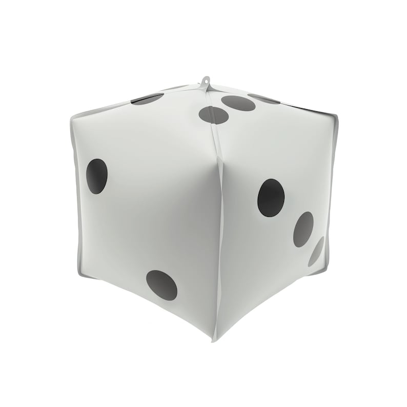 May include: A white inflatable die with black dots. The die has a gray trim and a loop at the top for hanging. The dots are arranged in the standard pattern for a six-sided die, with one to six dots on each face.
