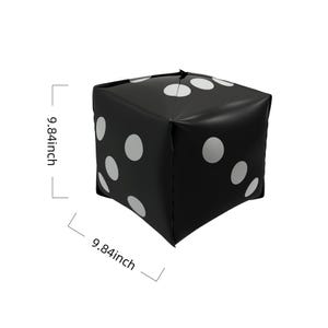 May include: A large, black inflatable die with white dots. Each side measures 9.84 inches. The die is a cube shape and is designed for games or decorative purposes.