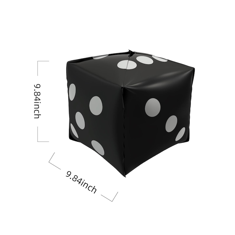 May include: A large, black inflatable die with white dots. Each side measures 9.84 inches. The die is a cube shape and is designed for games or decorative purposes.