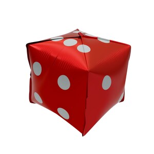 May include: A large, red inflatable die with white dots. The die is cube-shaped and has six sides, each with a different number of white dots. The die is made of a shiny, reflective material.