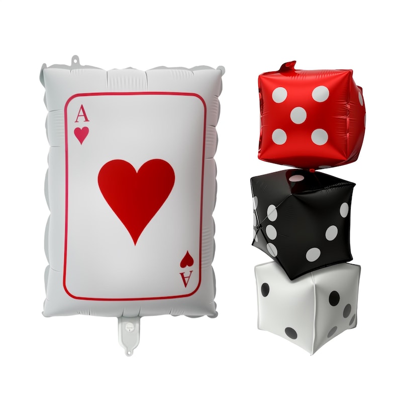 May include: A white Ace of Hearts balloon with a red heart and accents, next to three dice-shaped balloons. The dice are red, black, and white, each with white dots representing numbers.