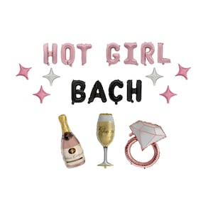 Peut inclure: Un ensemble de ballons en aluminium affichant le texte HOT GIRL en rose et BACH en noir, accompagné de ballons en forme d'étoile roses et argentés, ainsi que des ballons individuels en forme de bouteille de champagne, de flûte et de bague.