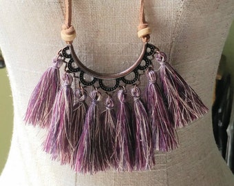 Shades Of Purple Tassel And Rawhide Necklace/Gift Idea