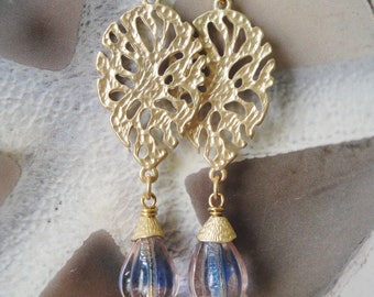 Gold Filigree Vintage Glass Bead Romantic Earrings  Gift For Her