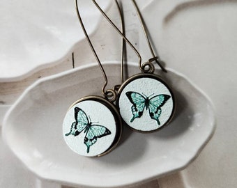 Wood Embossed Butterfly Set In Antique Brass Tray On Kidney Shape Ear Wires/Gift Idea