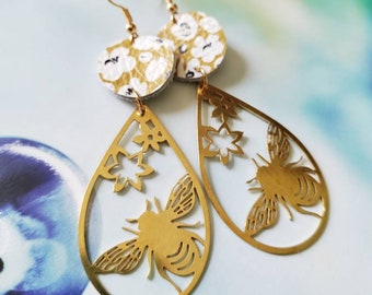 Brass Bee Charm Drop Earrings/Gift Idea