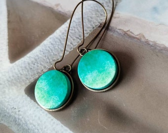 Ocean Drops/Wood Embossed Cabochon Drop Earrings/Gift Idea