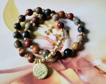 Jasper Gemstone And Tree Of Life Charm Stacking Bracelets/Set Of Two/Gift Idea