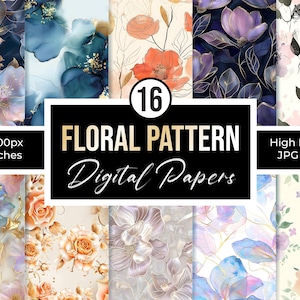 May include: A collection of 16 floral pattern digital papers. The designs feature watercolor flowers in various colors, including blue, pink, orange, and purple. The image also includes the text "FLORAL PATTERN Digital Papers" and the dimensions 12 x 12 inches.