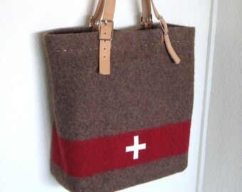 Handmade Swiss Army Wool Tote: XL Shopping Bag with Leather Handles Christmas gift