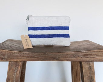 French linen cosmetic bag- 3 sizes- Limited Edition-Rare- vintage handwoven Chevron. Nautical blue stripes.Handmade in Switzerland