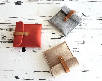 Wool Felt Business Card Case with Leather Strap: Anniversary Gift -Christmas Gift