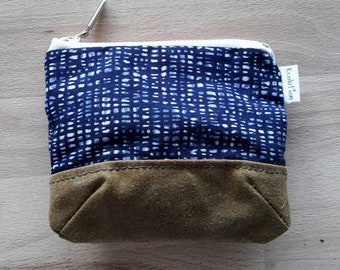 Japanese kimono cotton cosmetic pouch- zipper bag. Handmade from vintage block print Kimono Yukata. Handcrafted  in Switzerland