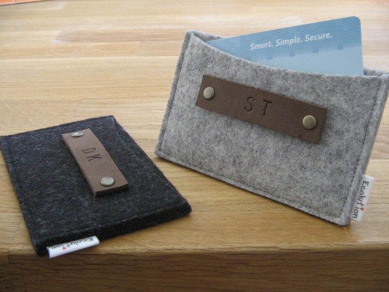 Gift set of 2 personalized monogrammed Business Card Holder-Wallet Eco Friendly-wool felt Handmade Gift for man image 1