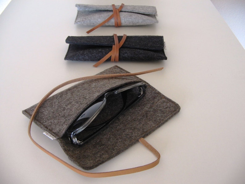 Minimalist wool felt leather case-sunglasses-pencil case-grey-handmade-soft-multi functional durable-eco friendly-great gift image 2