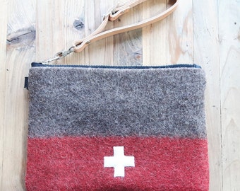 Unique Swiss Army wool blanket bag.Handmade.White Swiss cross,red stripe.Removable leather strap.Industrial retro design.Great gift for Men