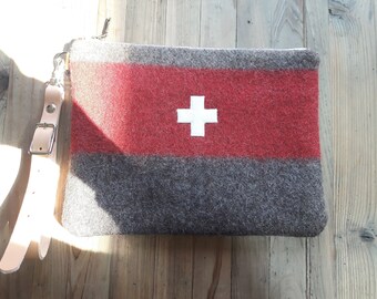 Swiss Army Upcycled Blanket Bag, Felted Wool Toiletries Bag, Recycled Blanket Traveller Makeup Bag