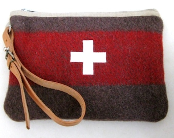 Swiss Army clutch - Wool bag-Unique-Taupe grey red Stripe -Swiss cross.Industrial  Retro Design-Great  gift