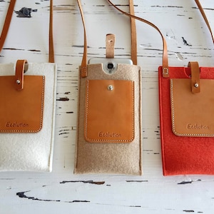 iPhone crossbody bag. Wool felt- vegetable tanned leather. Eco friendly-handmade in Switzerland