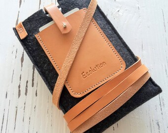 iPhone cross body- shoulder strap-card case-Wool felt leather -Christmas Gift