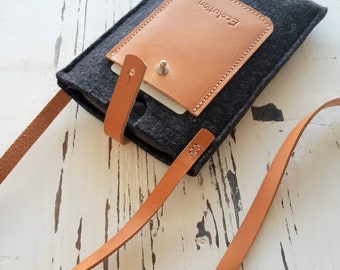 iPhone Cross Body - iPhone Case with Strap - Wool Felt Leather - eco friendly-handmade in Switzerland