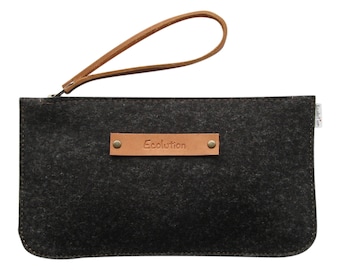 Minimalist Wool felt clutch.iPhone clutch.Eco friendly.Size L.Handmade in Switzerland. Charcoal grey.Leather.Great gift