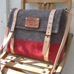 Swiss Army iPad Messenger Bag Cross Body Travel Bag Pure Wool-hand tooled Leather-Taupe Red stripe-great gift image 3