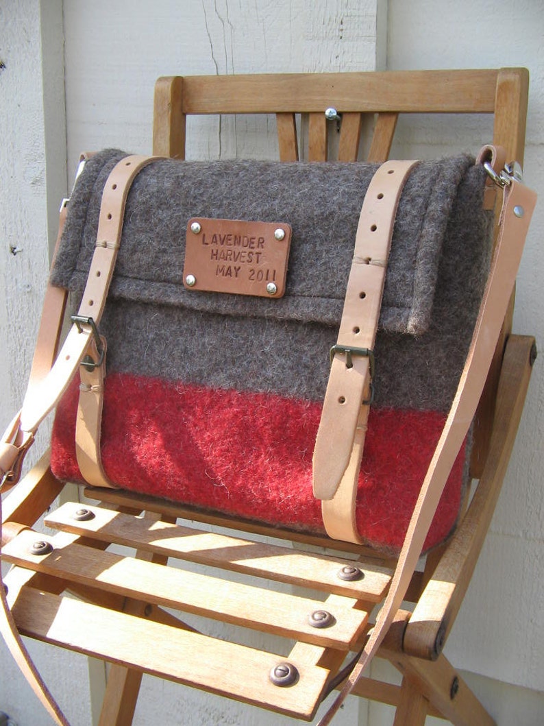 Swiss Army iPad Messenger Bag Cross Body Travel Bag Pure Wool-hand tooled Leather-Taupe Red stripe-great gift image 3