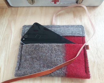 Swiss Army Wool Phone Pouch: Upcycled Vintage Blanket, Leather Closure Christmas gift
