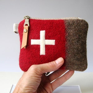 Swiss Army wool zipper bag -small Military utility pouch -Unique red Stripe -Swiss cross. Great gift for Men