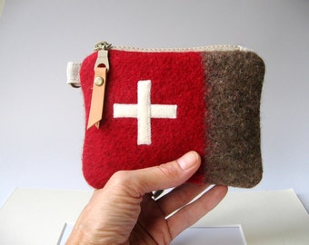 Swiss Army wool zipper bag -small Military utility pouch -Unique red Stripe -Swiss cross. Great gift for Men