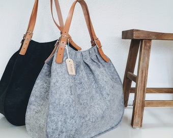 Unique XL Wool Felt bag.A friend for life. Office-shopping-gym-picnic-beach.Leather handles- eco friendly - durable. Handmade in Switzerland