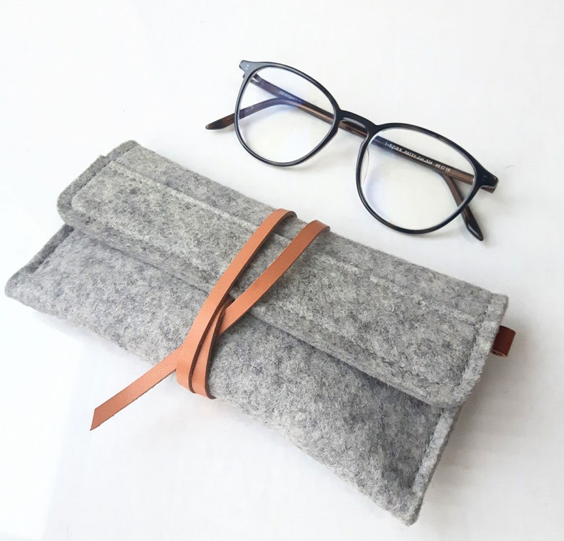 Stylish silver gray wool felt glasses case with  sophisticated wrap around leather closure