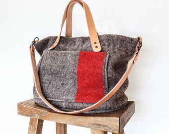 Swiss Army Wool Tote Bag: Handmade Leather Handle Shopping Bag Christmas gift