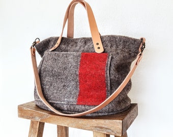 Swiss Army wool blanket bag -handmade in Switzerland- oval bottom- durable & unique- shopping tote- eco friendly wool- Leather handles-