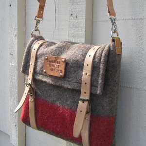 Swiss Army iPad Messenger Bag Cross Body Travel Bag Pure Wool-hand tooled Leather-Taupe Red stripe-great gift image 1