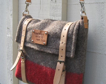 Swiss Army iPad Messenger Bag- Cross Body Travel Bag- Pure Wool-hand tooled Leather-Taupe- -Red stripe-great gift