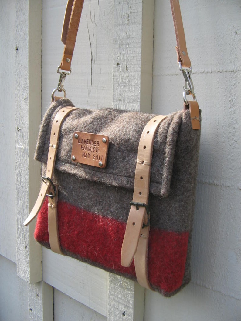 Swiss Army iPad Messenger Bag Cross Body Travel Bag Pure Wool-hand tooled Leather-Taupe Red stripe-great gift image 1