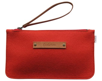 Minimalist  wool felt clutch-iPhone wallet.Small and durable-Handmade in Switzerland- Mango red - classy design-Leather strap