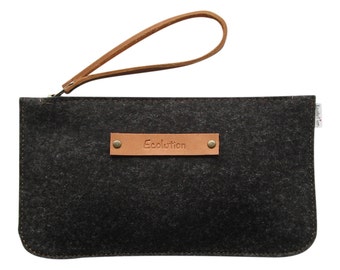 Minimalist Wool felt leather clutch - iPhone Travel wallet. Durable-Handmade in Switzerland.Charcoal grey -